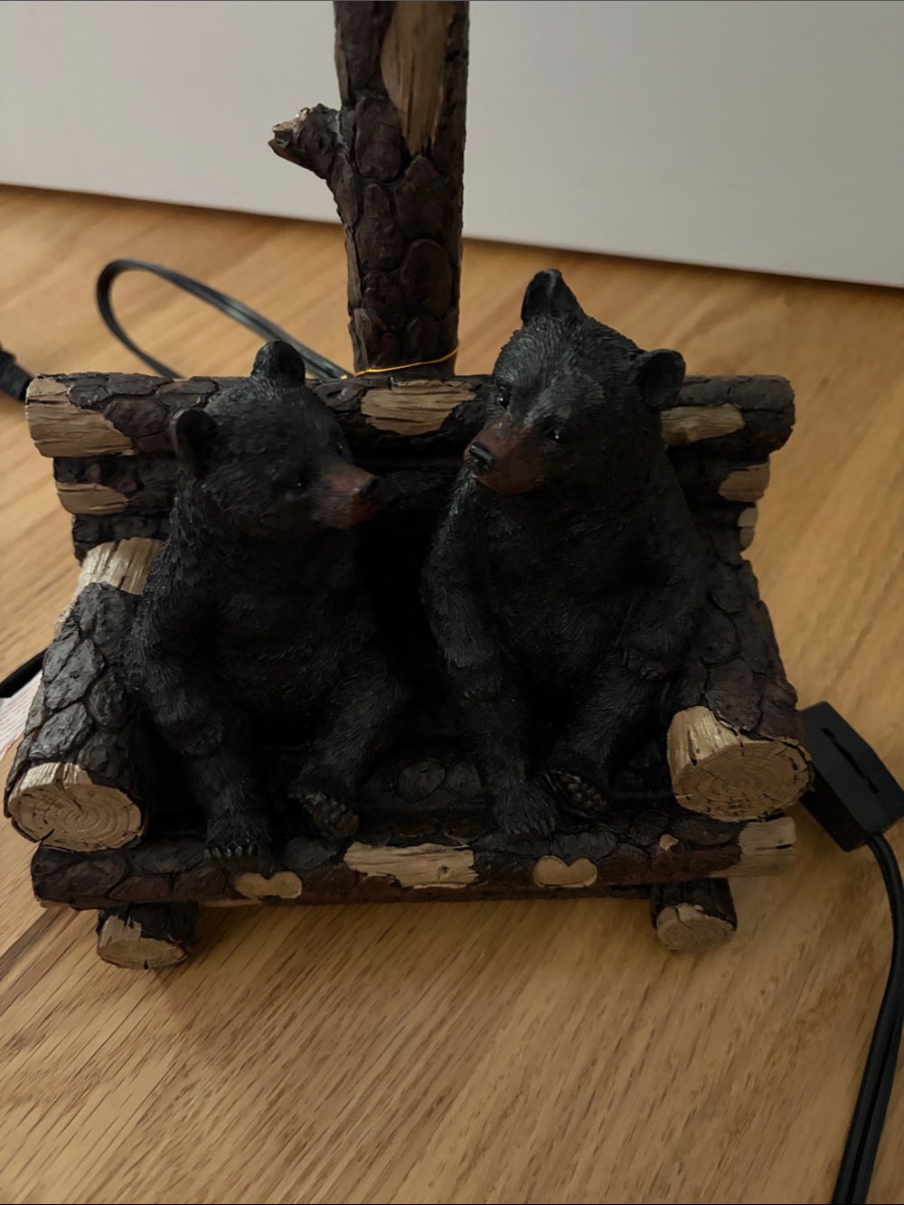 Black Bear Cub Figurine Pair on Log Bench - Decorative Accent